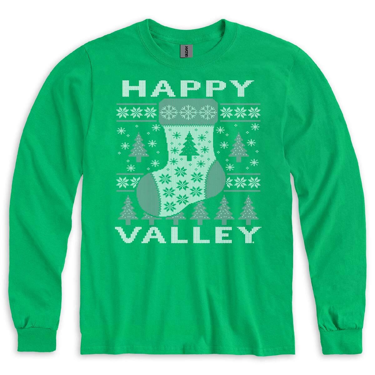 Kelly green long sleeve t-shirt Happy Valley holiday stocking